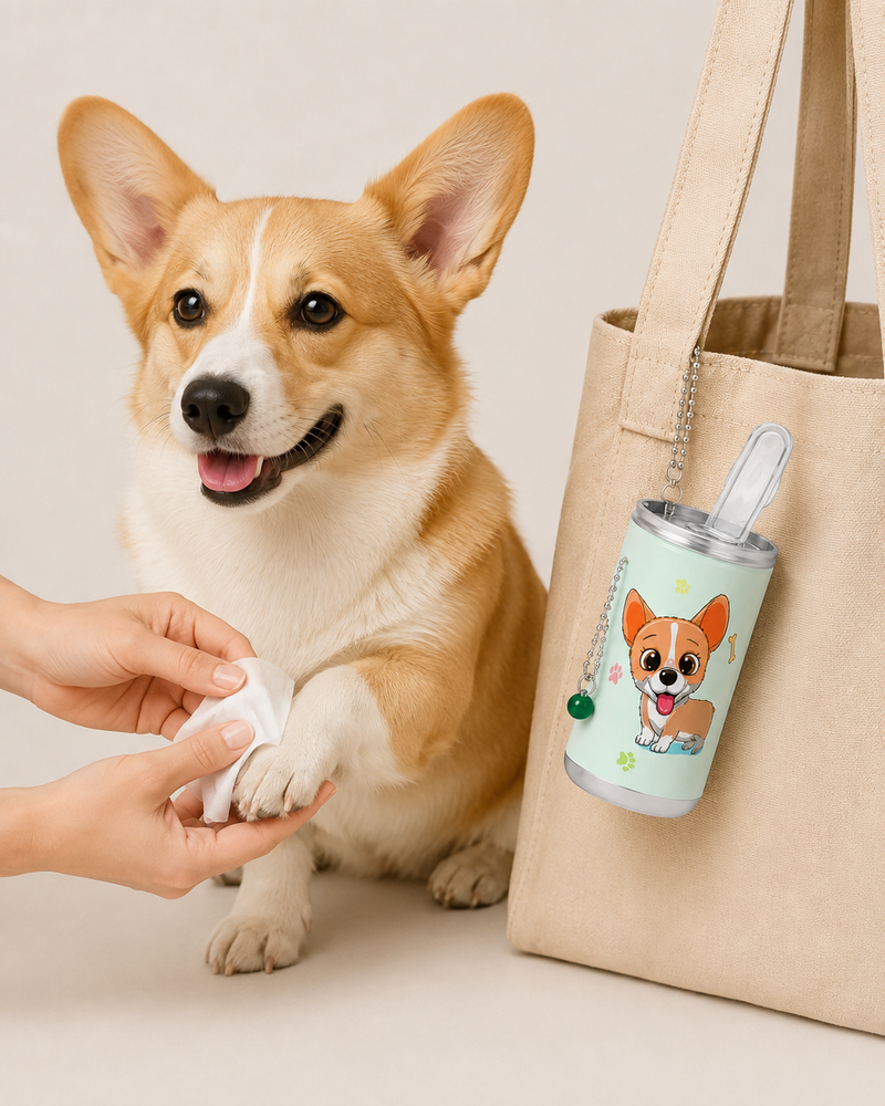 Portable pet wipes dispenser clipped to a tote bag while cleaning a dog's paw