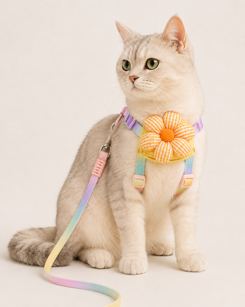 Cat wearing pastel rainbow harness with gingham daisy pocket and matching leash