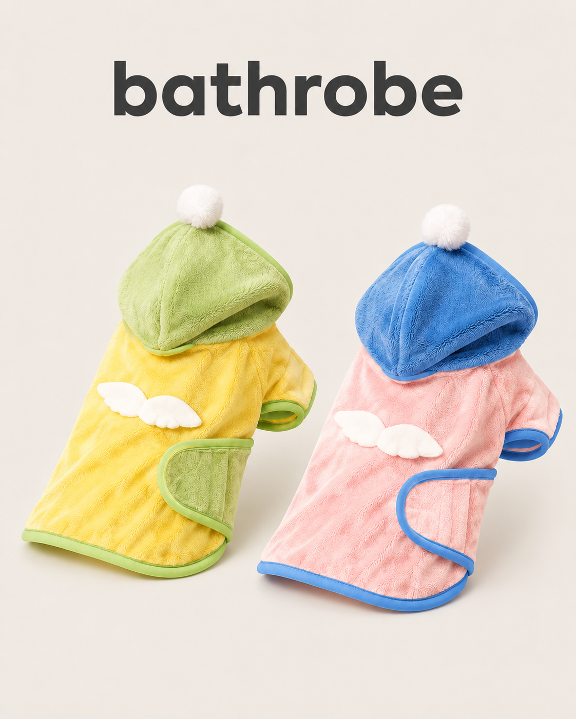 Yellow green and pink blue hooded pet bathrobes with white angel wings