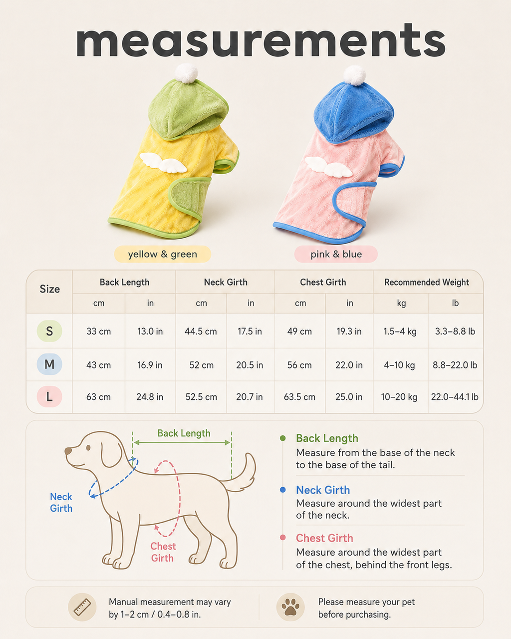 Angel wing hooded pet bathrobe size guide for S, M and L with back, neck, chest and weight measurements