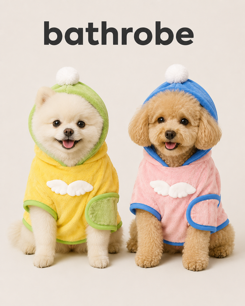 Two small dogs wearing yellow green and pink blue angel wing hooded bathrobes