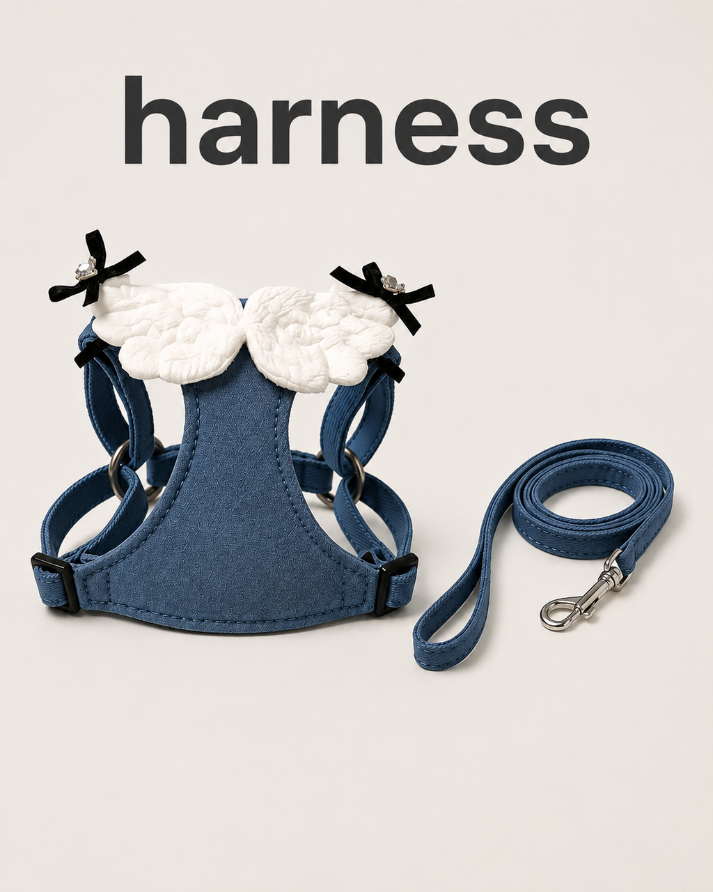 Blue harness and matching leash with white angel wings and black bow details
