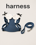 Blue harness and matching leash with white angel wings and black bow details