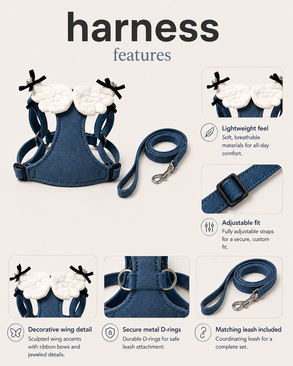 Blue angel wing harness features with adjustable straps, metal D-rings, decorative wings and matching leash
