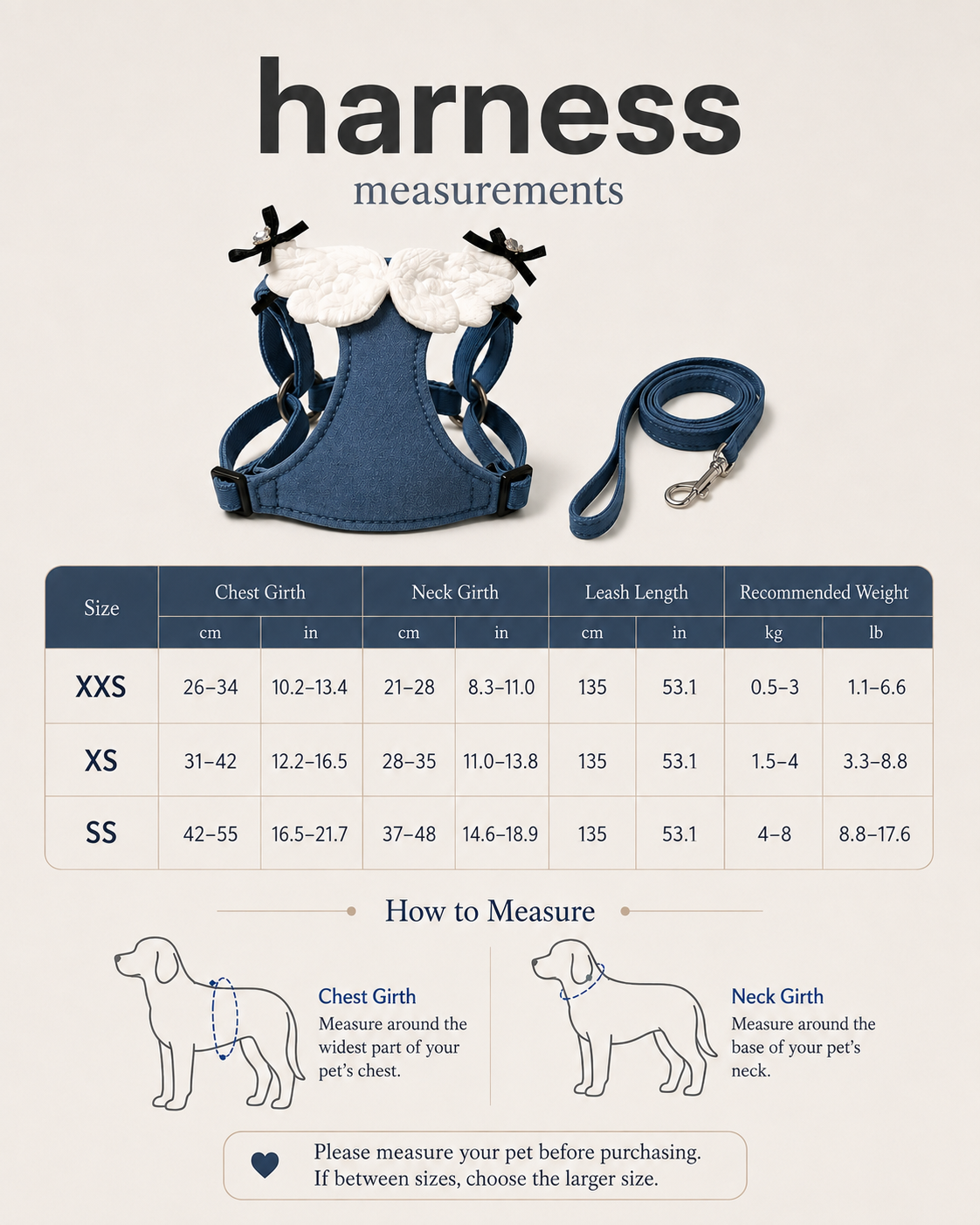 Blue angel wing harness size guide with neck, chest, leash length and recommended weight measurements