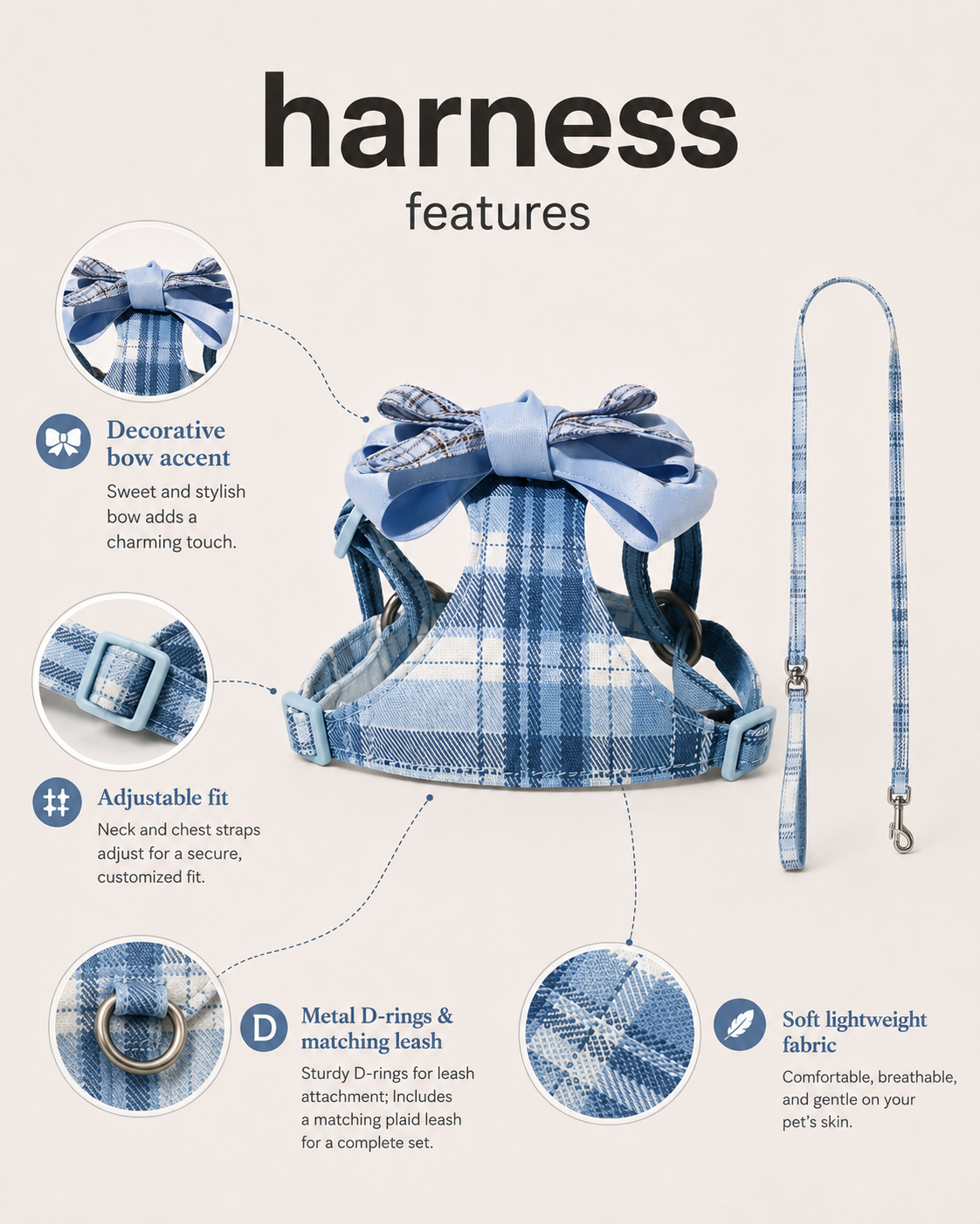 Blue plaid harness features with decorative bow, adjustable straps, metal D-rings and matching leash