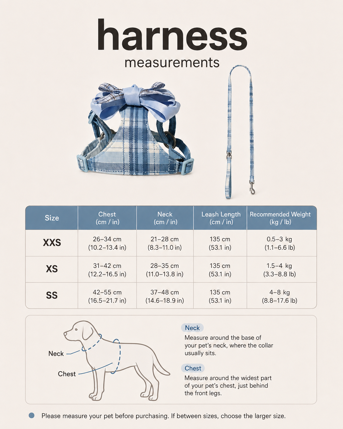Blue plaid harness and leash size guide with neck, chest, weight and leash measurements