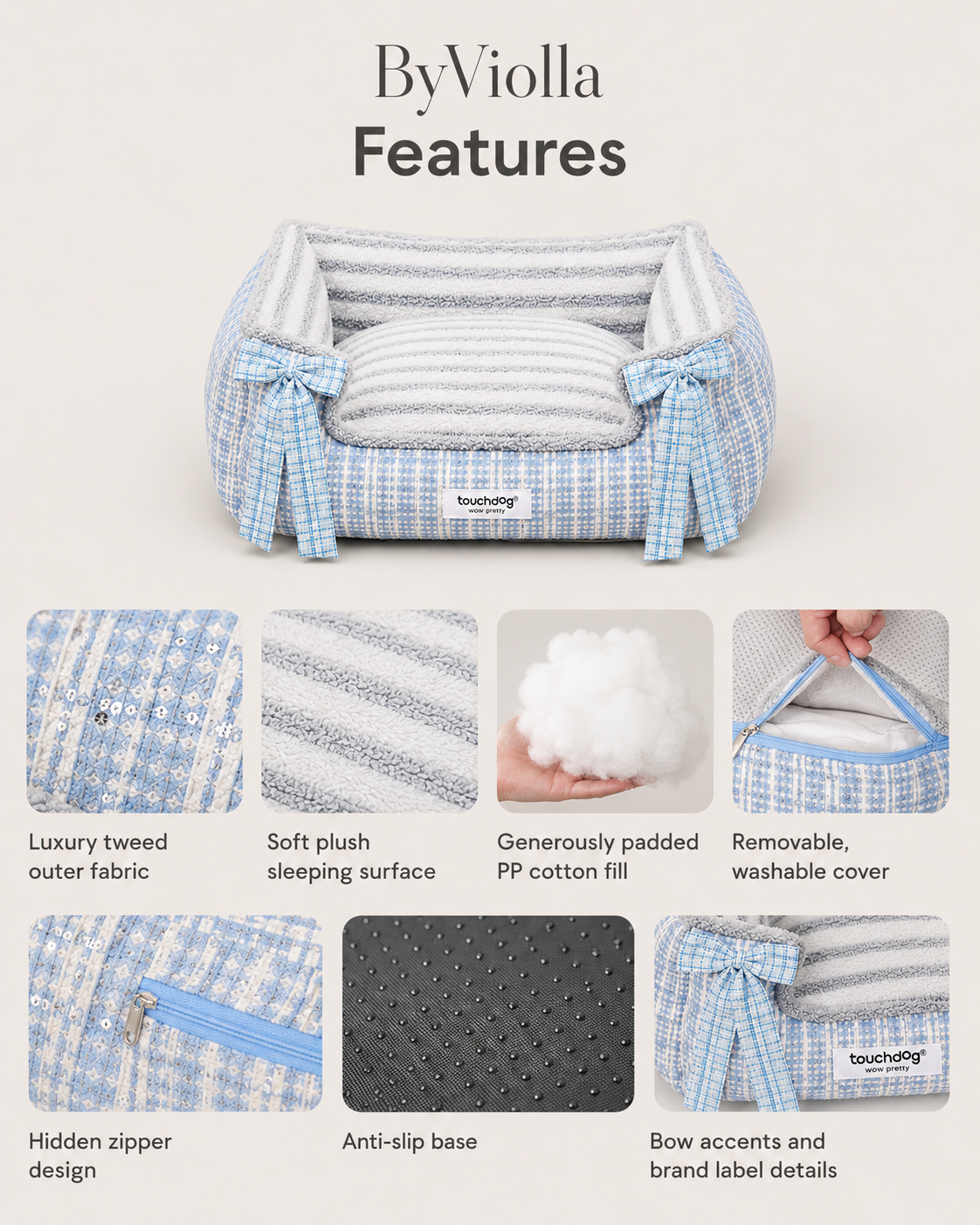 Blue tweed pet bed features with plush sleeping surface, PP cotton filling, washable cover and anti-slip base