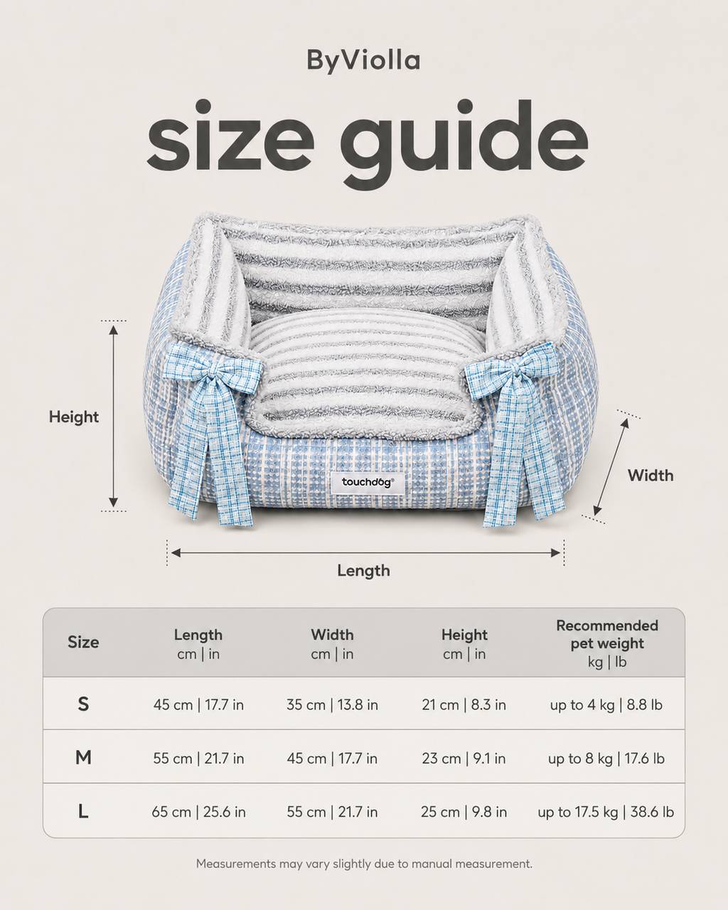 Blue tweed pet bed size guide for S, M and L with length, width, height and recommended pet weight
