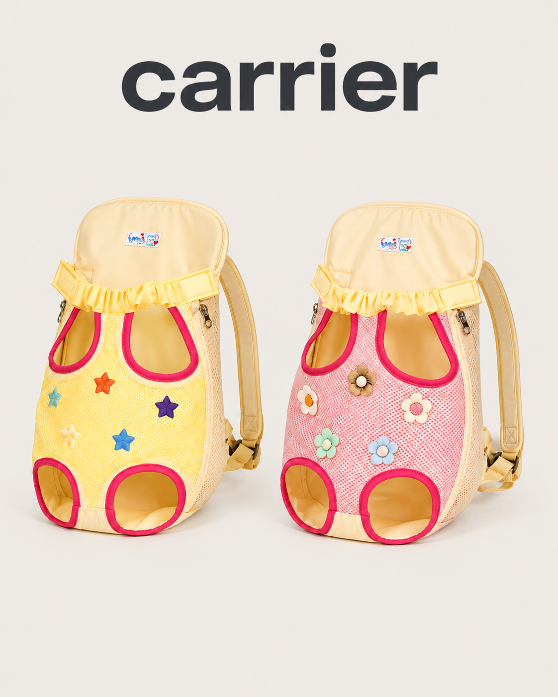 Breathable mesh pet carrier backpacks in Lemon Yellow star and Candy Pink flower designs