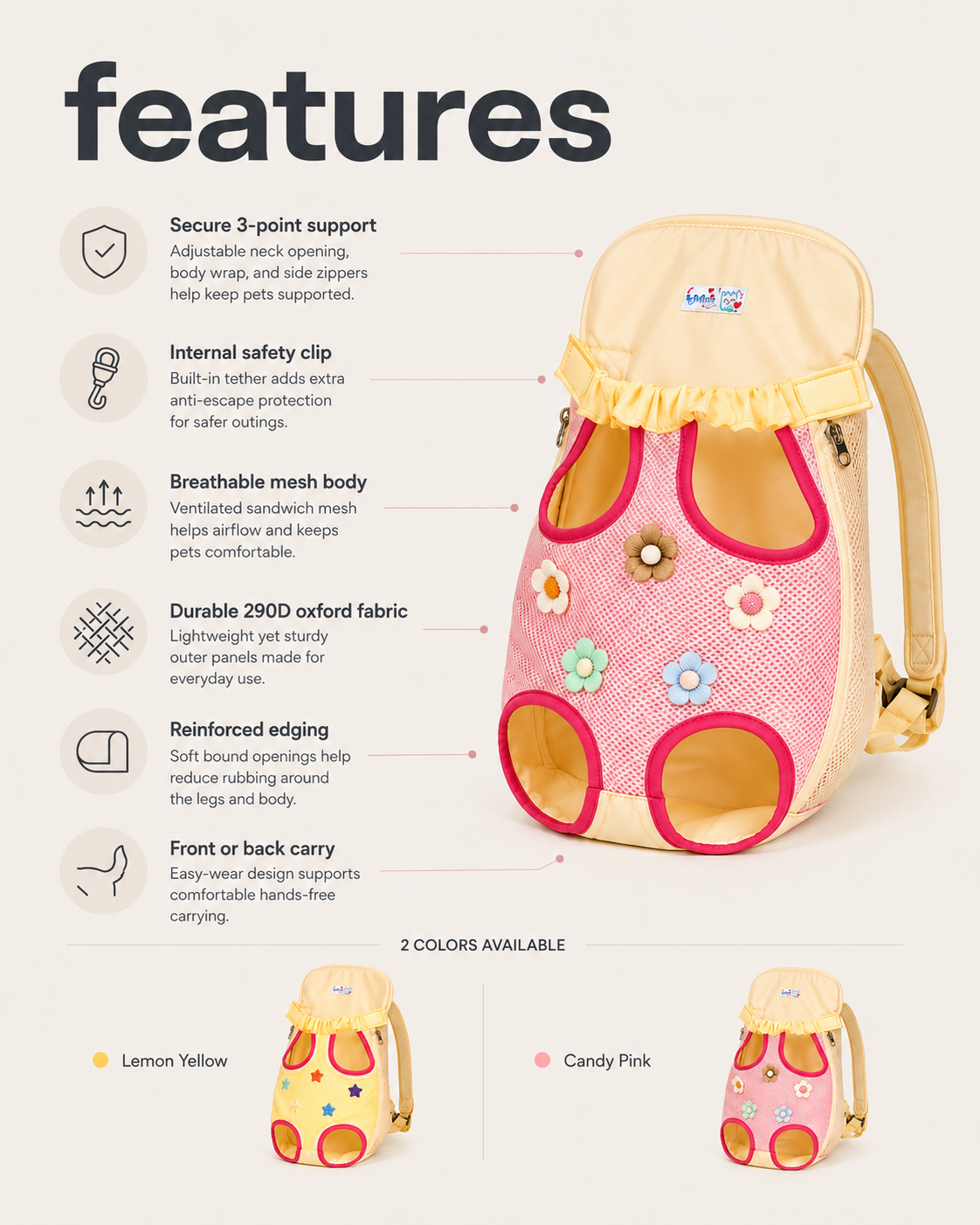 Breathable pet carrier backpack features including mesh body, safety clip, adjustable support and reinforced leg openings
