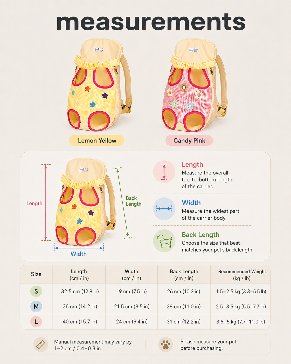 Breathable pet carrier backpack size guide for S, M and L with Lemon Yellow and Candy Pink color options