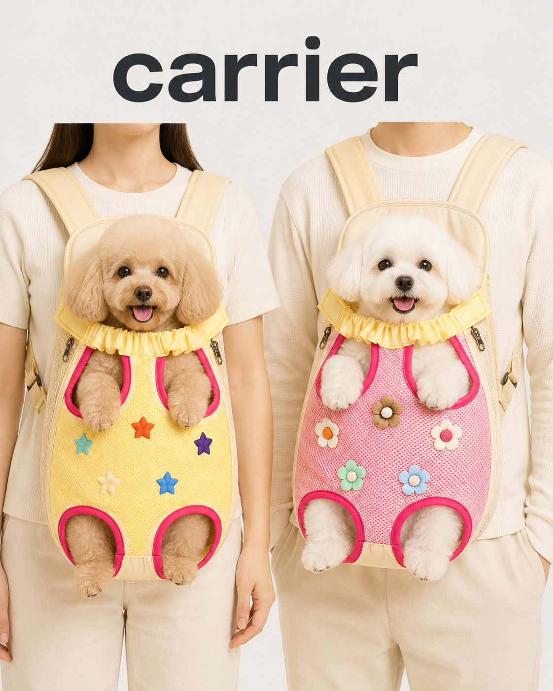 Small dogs being carried in yellow and pink breathable mesh pet carrier backpacks