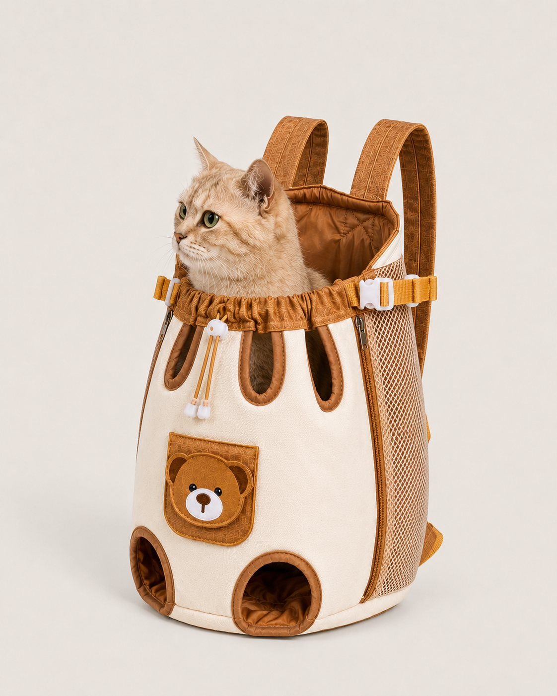 Cat sitting in a teddy bear pet carrier backpack for small pets