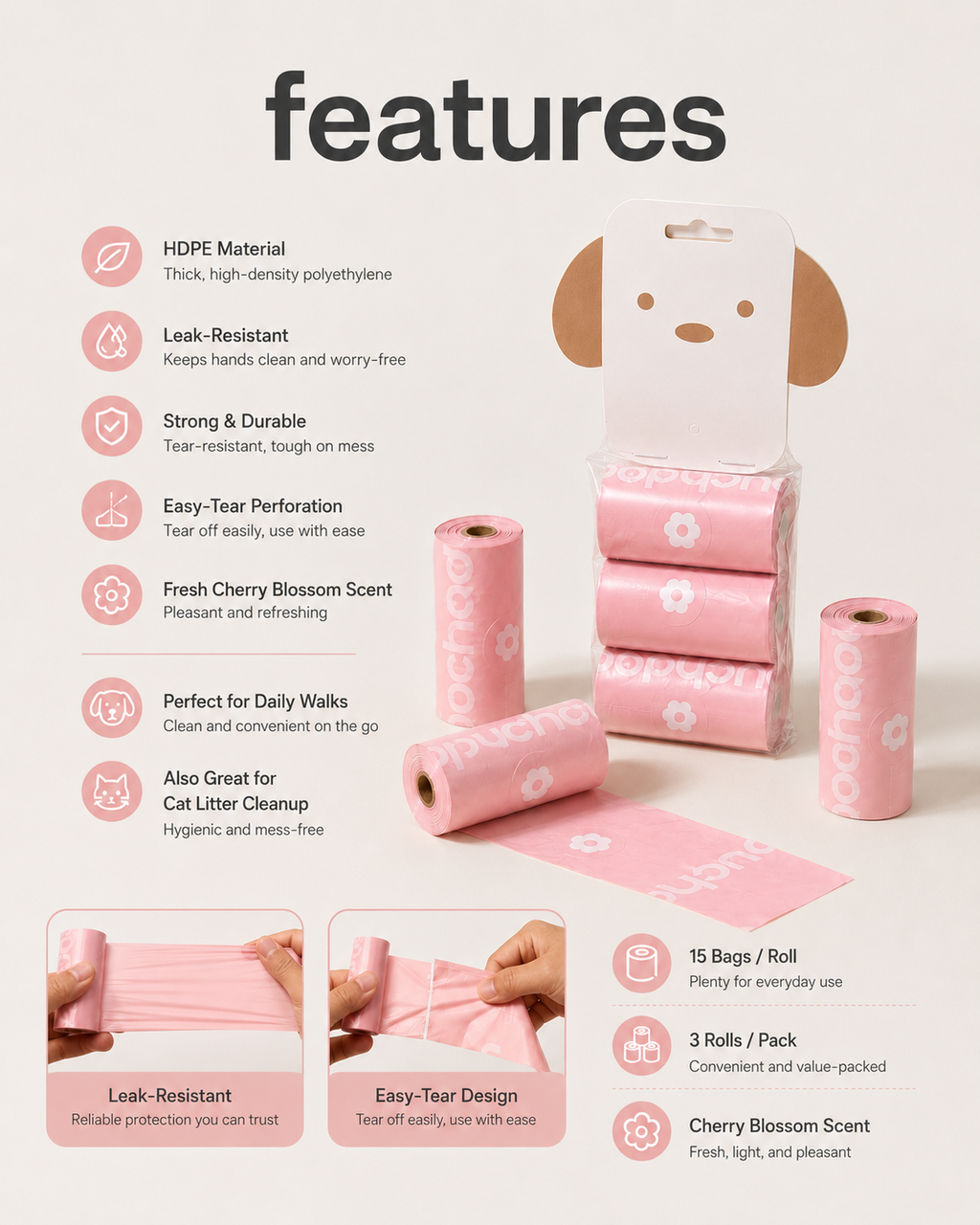 Cherry blossom pet waste bag features including leak-resistant HDPE material, easy-tear perforation and three rolls per pack

