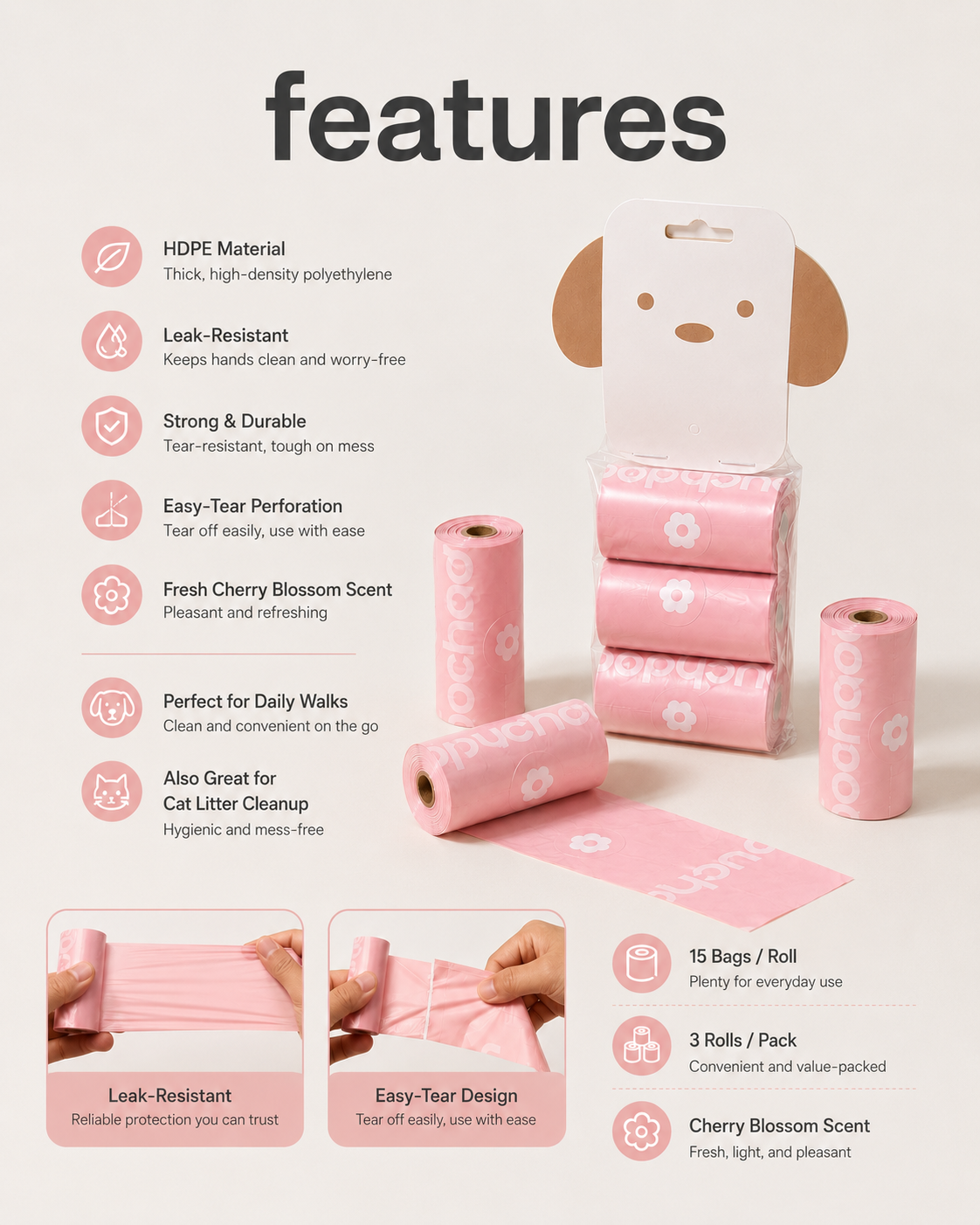 Cherry blossom pet waste bag features including leak-resistant HDPE material, easy-tear perforation and three rolls per pack
