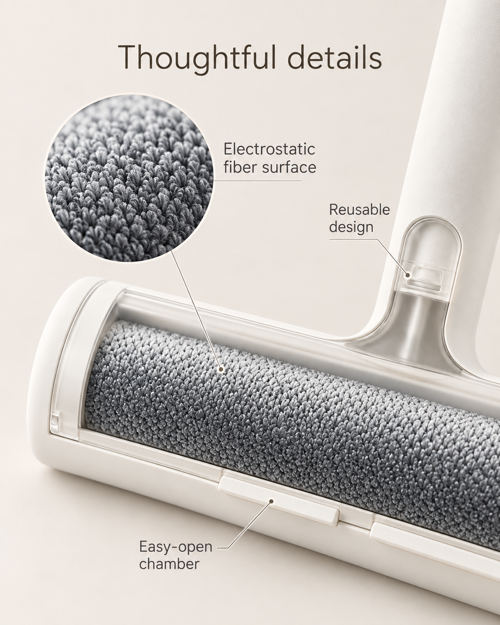 Electrostatic reusable pet hair remover roller detail