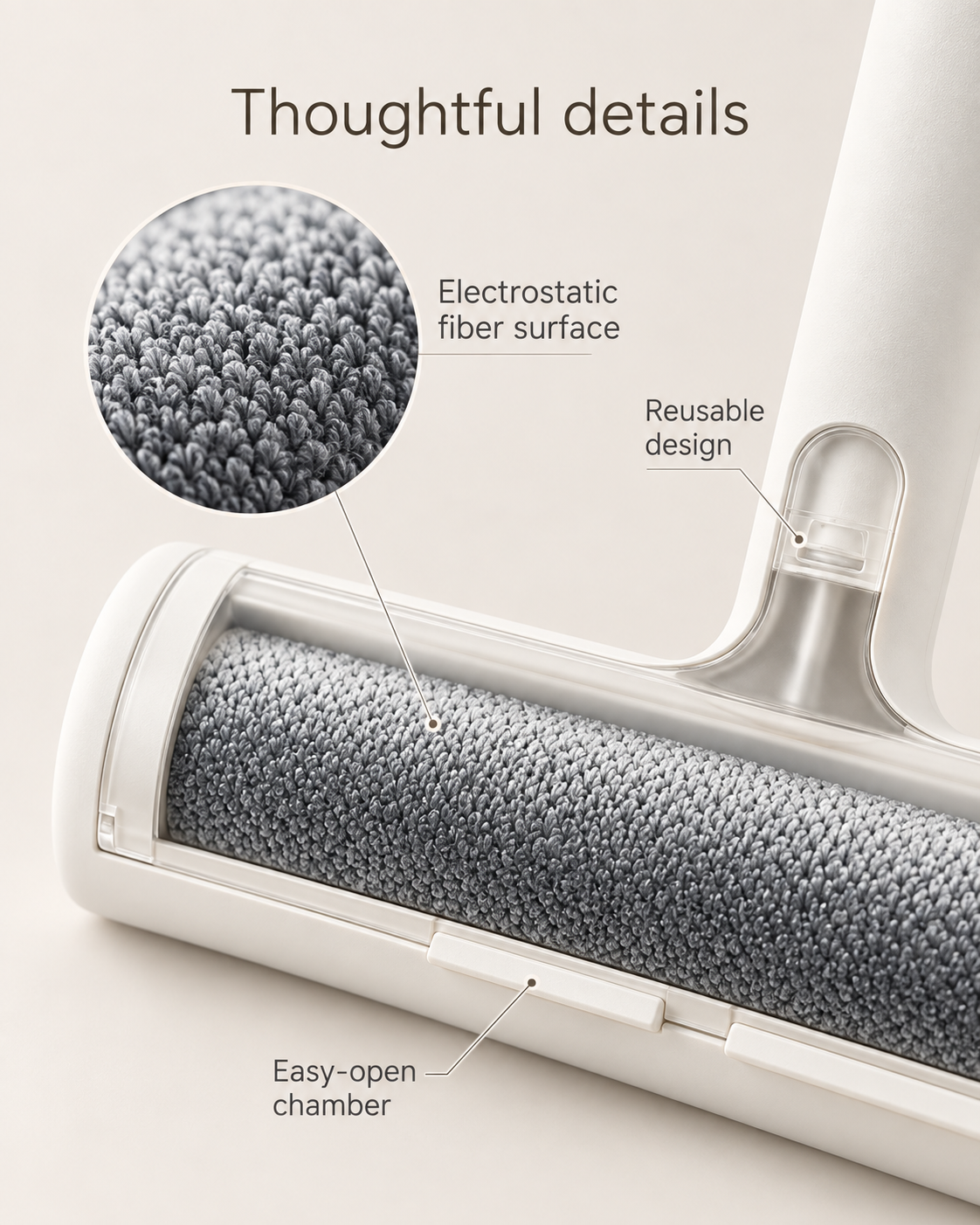Electrostatic reusable pet hair remover roller detail