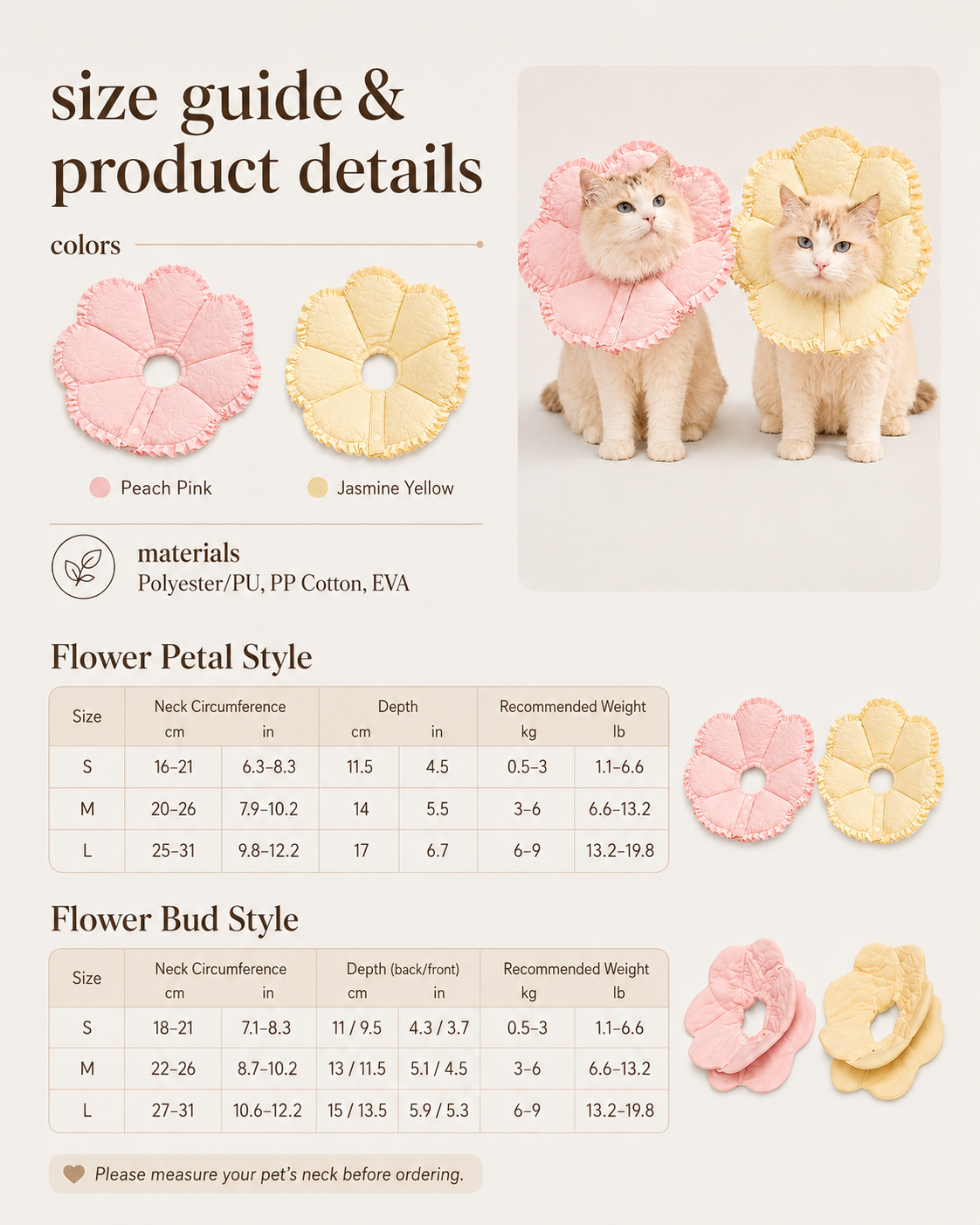 Soft flower recovery collar features including padded comfort, adjustable fit, snap closure and water-resistant material