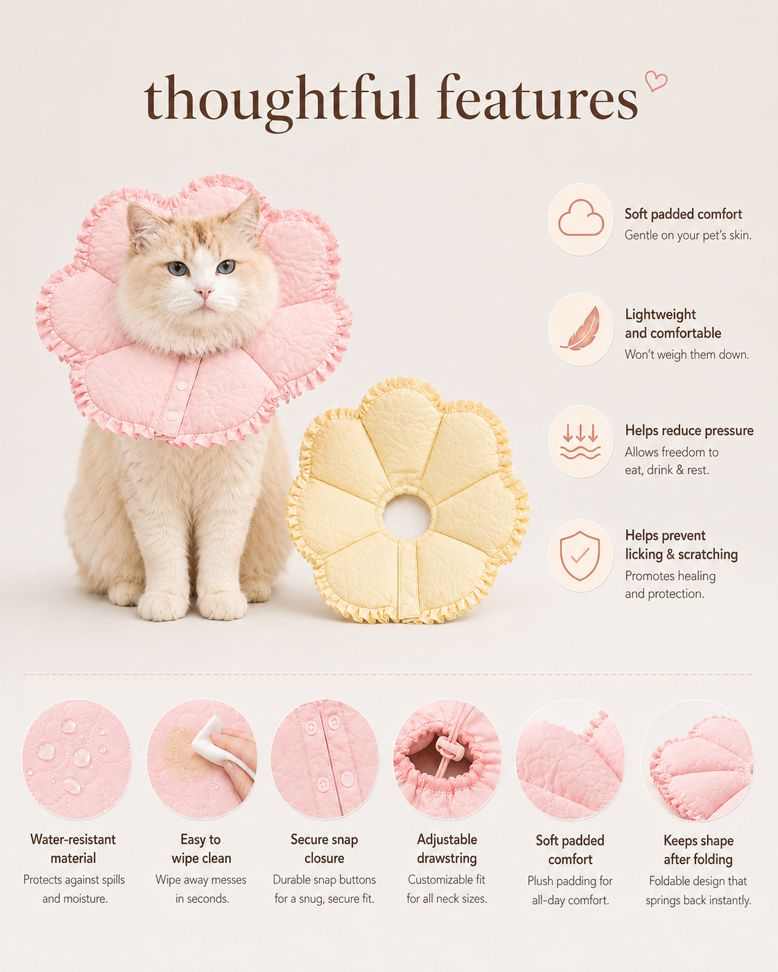 Flower recovery collar size guide showing Flower Petal and Flower Bud styles in pink and yellow