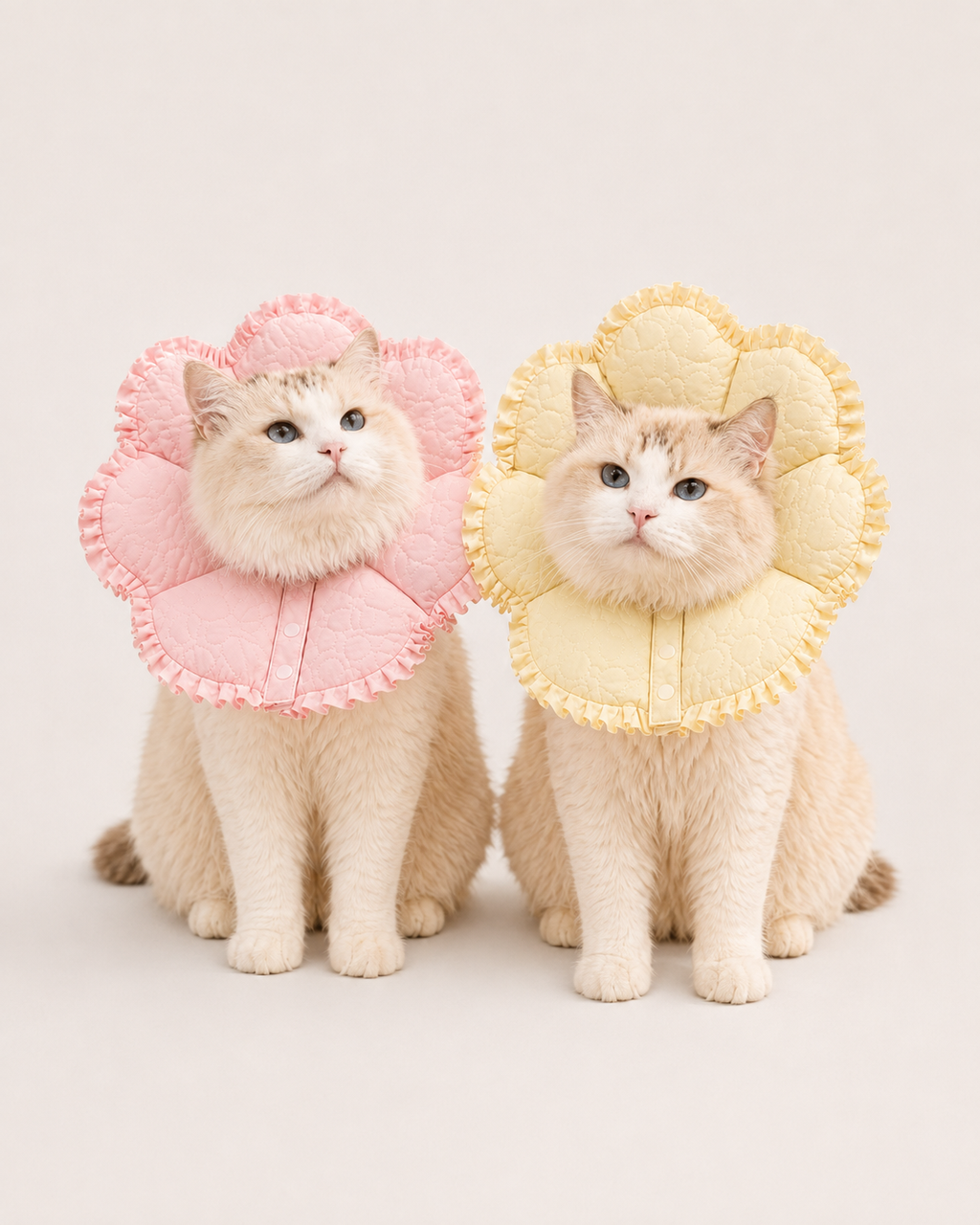 Two cats wearing pink and yellow flower pet recovery collars