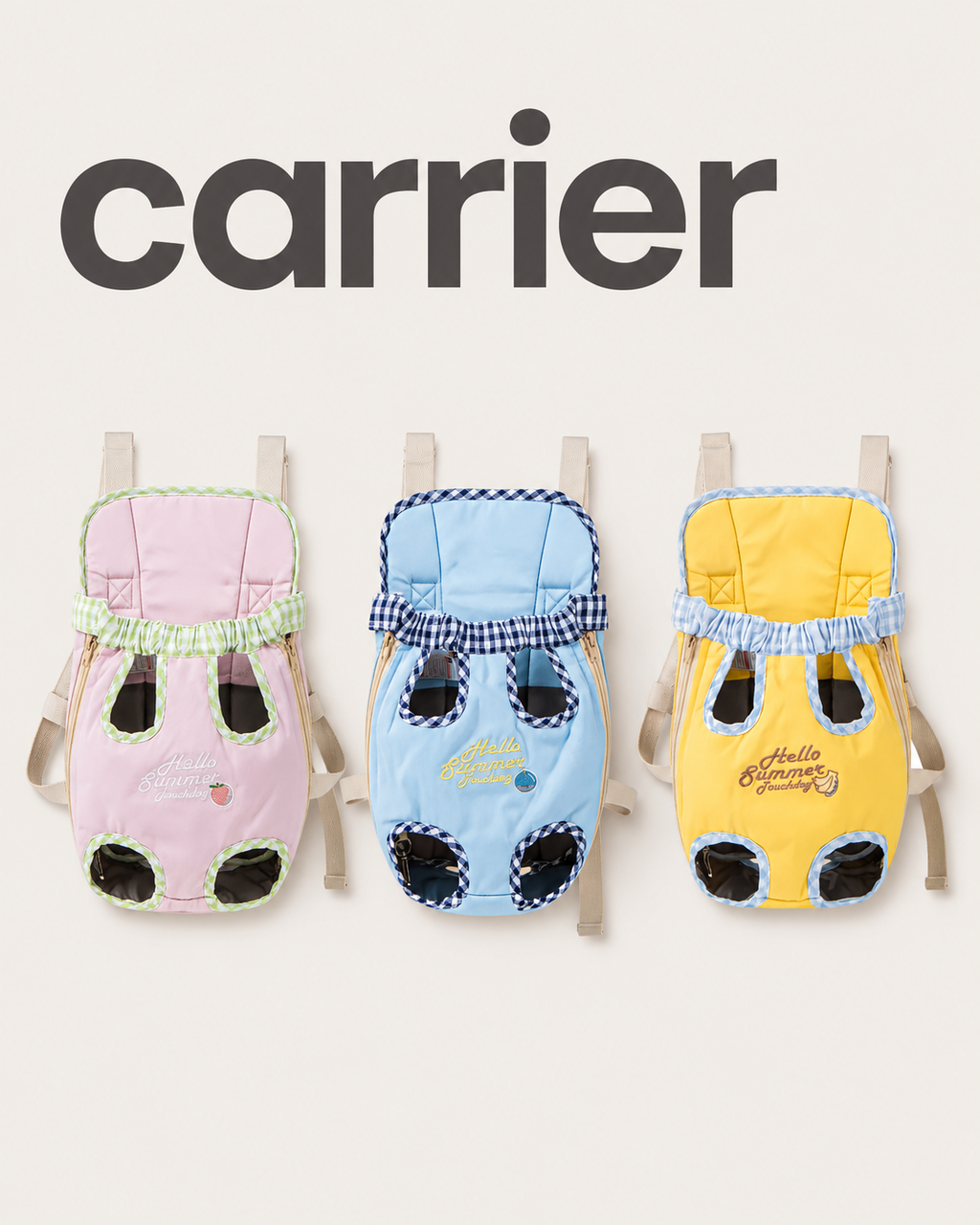 Gingham pet carrier backpacks in pink, blue and yellow