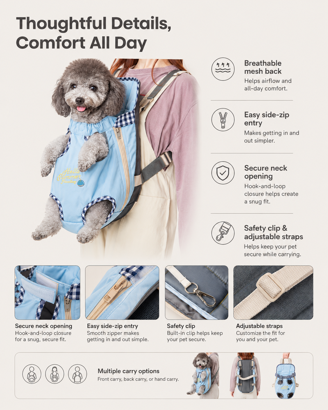 Gingham pet carrier backpack features with breathable mesh, side zipper, safety clip and adjustable straps