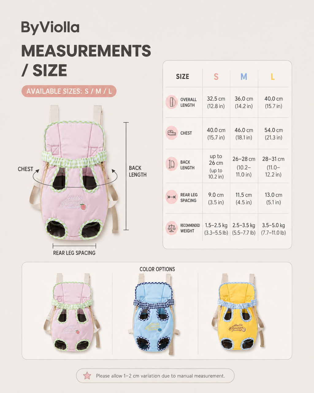 Gingham pet carrier backpack size guide for S, M and L with pink, blue and yellow color options