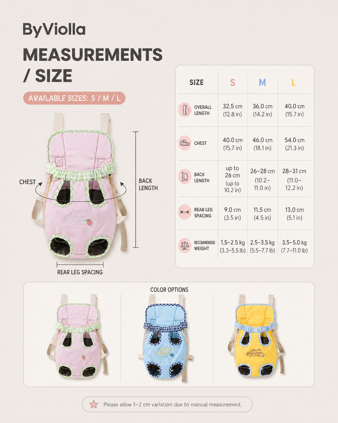 Gingham pet carrier backpack size guide for S, M and L with pink, blue and yellow color options