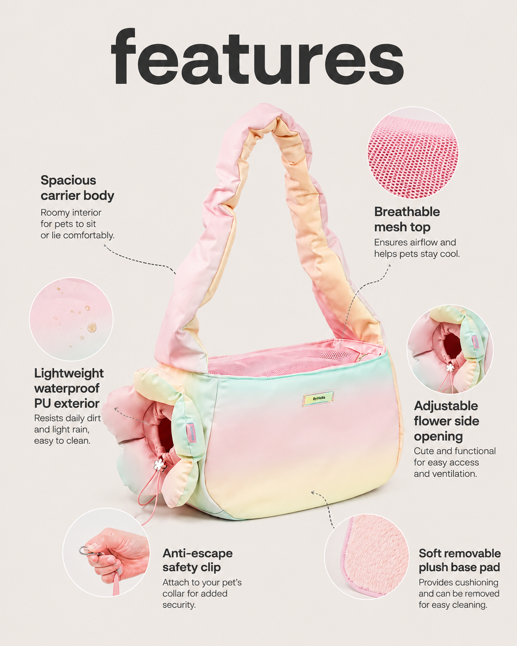 Pastel pet carrier features with breathable mesh, flower side opening, safety clip and removable plush base