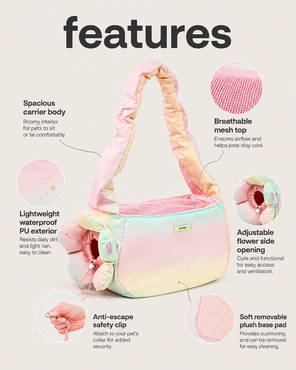 Pastel pet carrier features with breathable mesh, flower side opening, safety clip and removable plush base