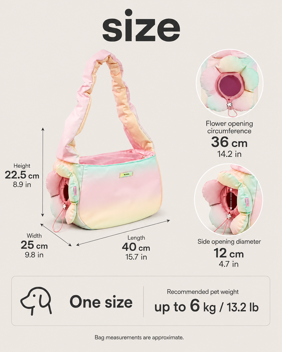 Pastel flower pet carrier measurements showing 40 cm length, 25 cm width and recommended weight up to 6 kg