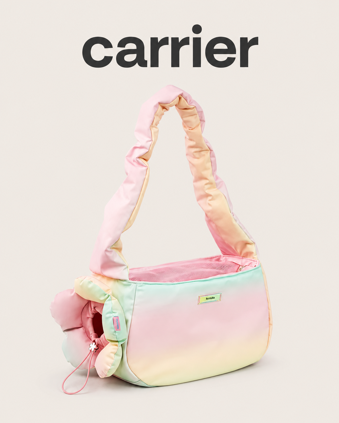 Pastel gradient pet carrier bag with flower side opening and padded shoulder straps