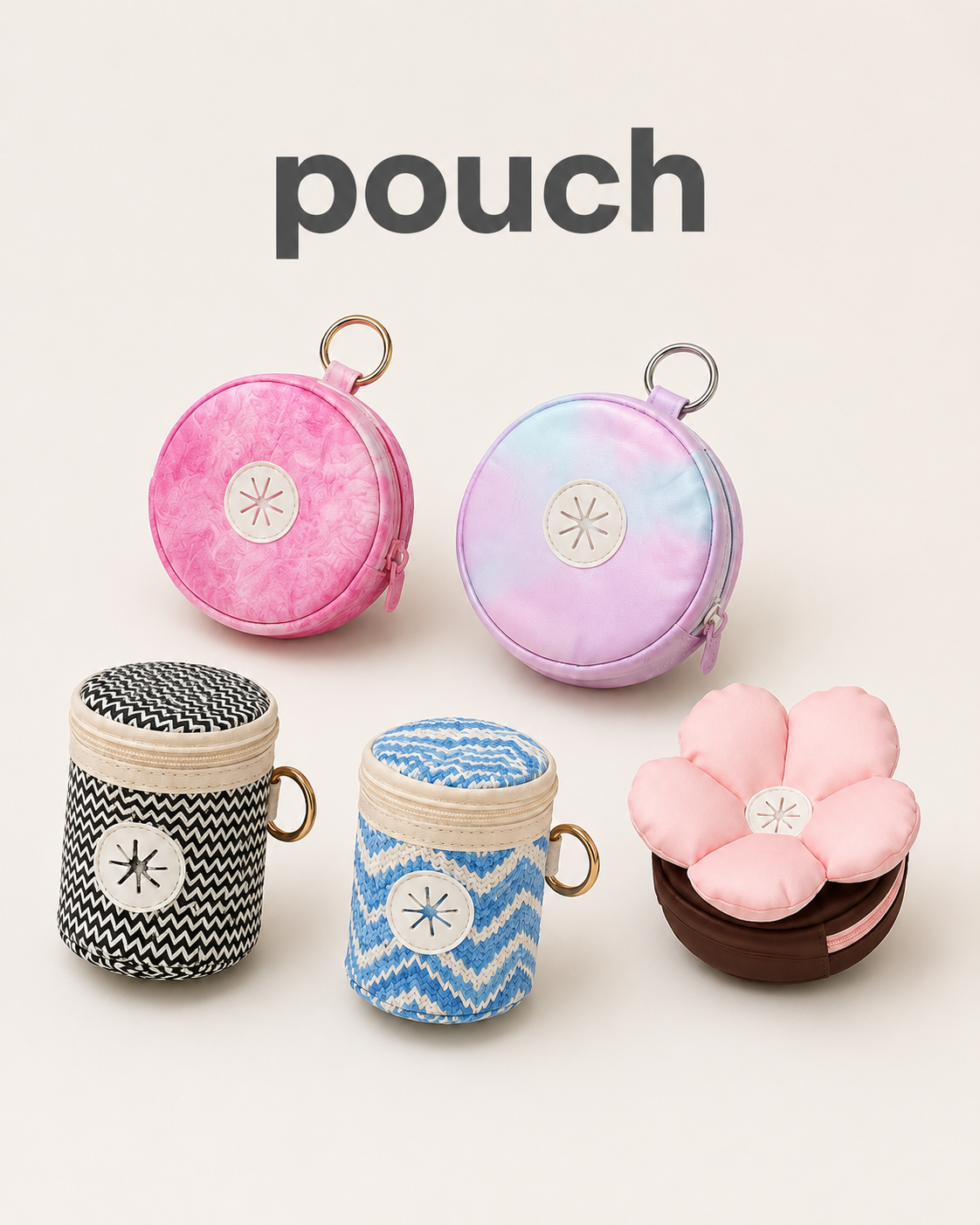 Pet waste bag pouches in five pink and woven styles
