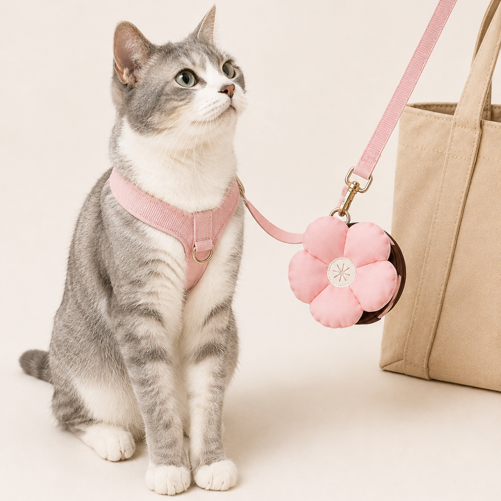 Pink flower pet waste bag pouch clipped beside a cat on a leash