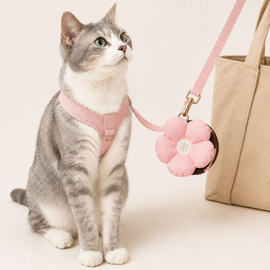 Pink flower pet waste bag pouch clipped beside a cat on a leash