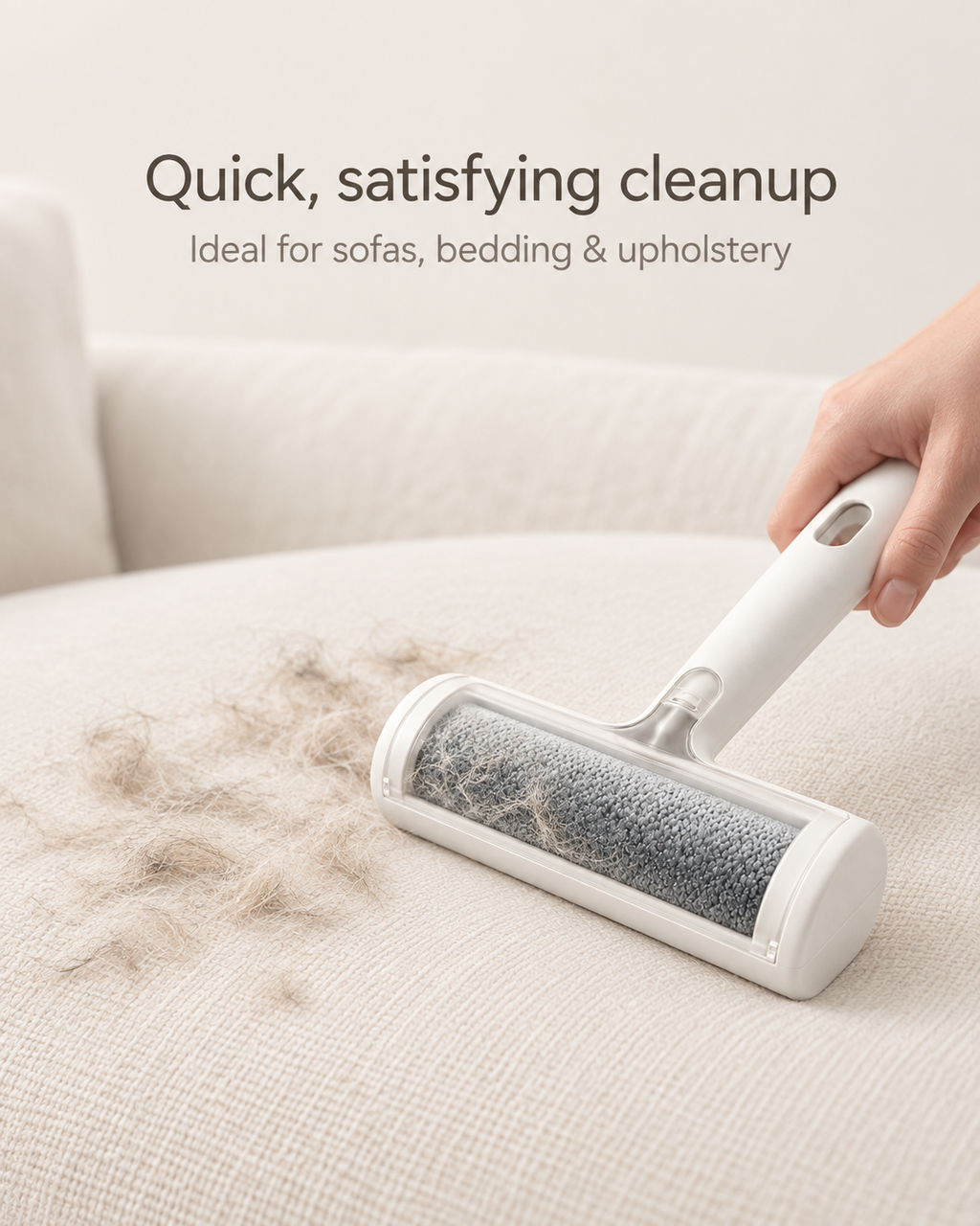 Pet hair remover roller cleaning dog and cat hair from sofa
