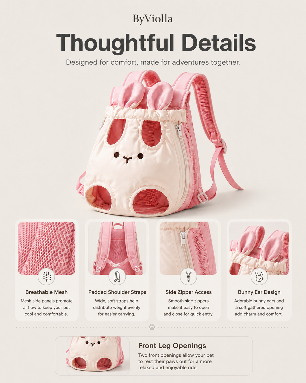 Pink bunny carrier backpack features including breathable mesh, padded straps, side zipper and front leg openings