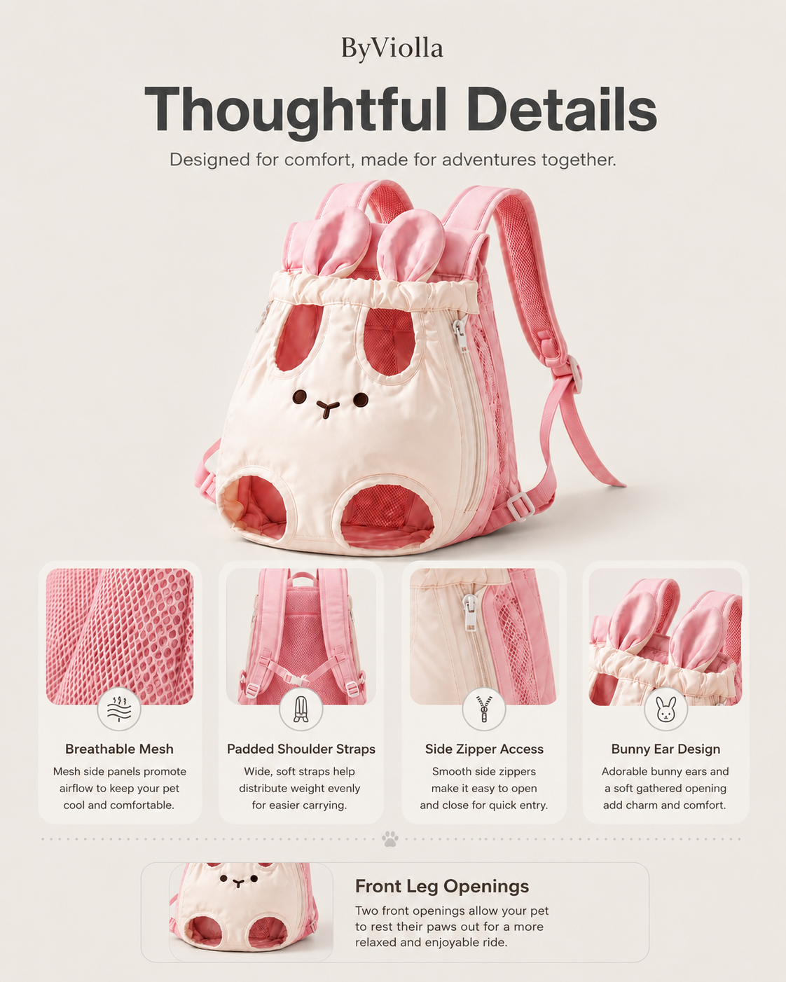 Pink bunny carrier backpack features including breathable mesh, padded straps, side zipper and front leg openings