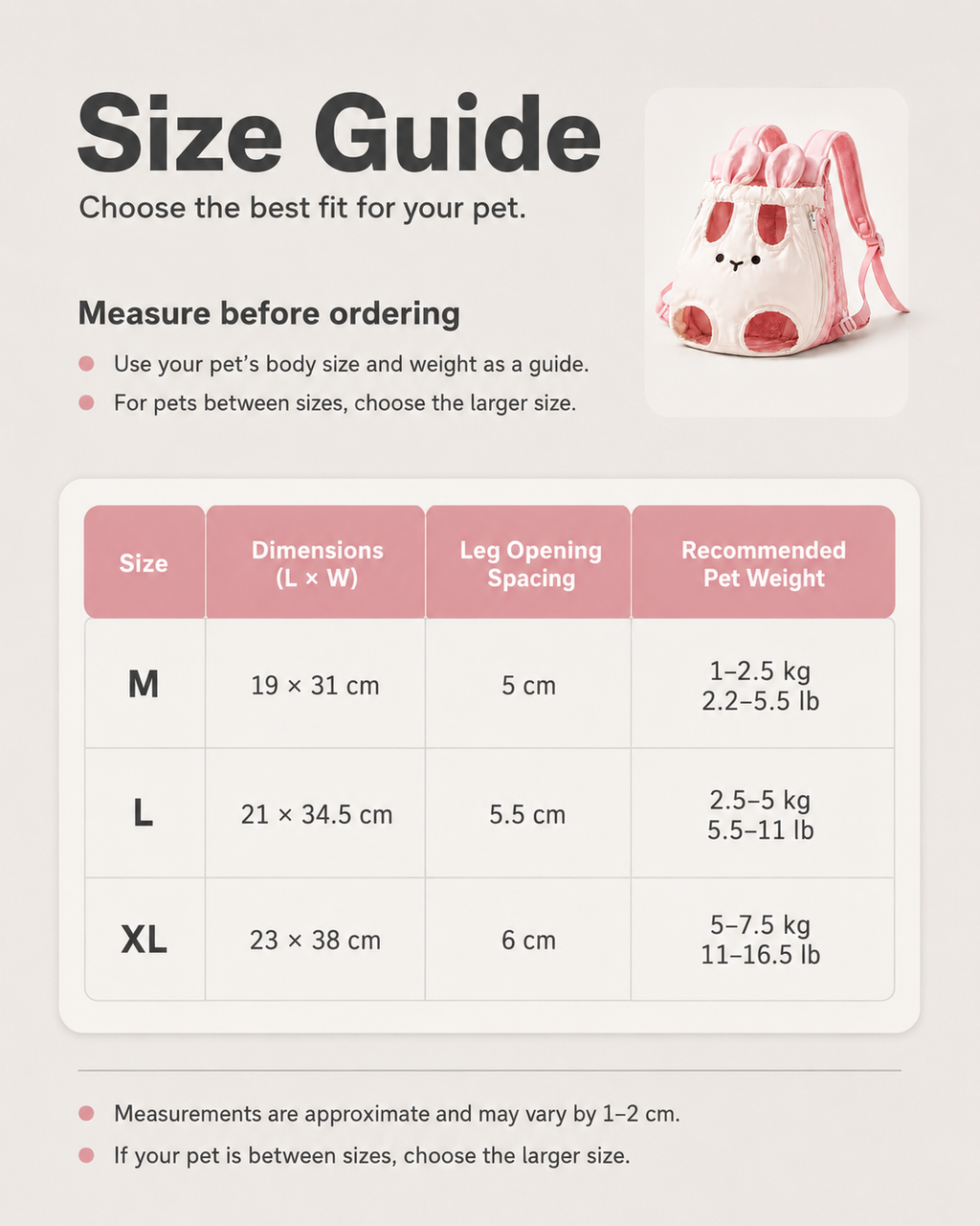 Pink bunny carrier backpack size guide for M, L and XL pet sizes