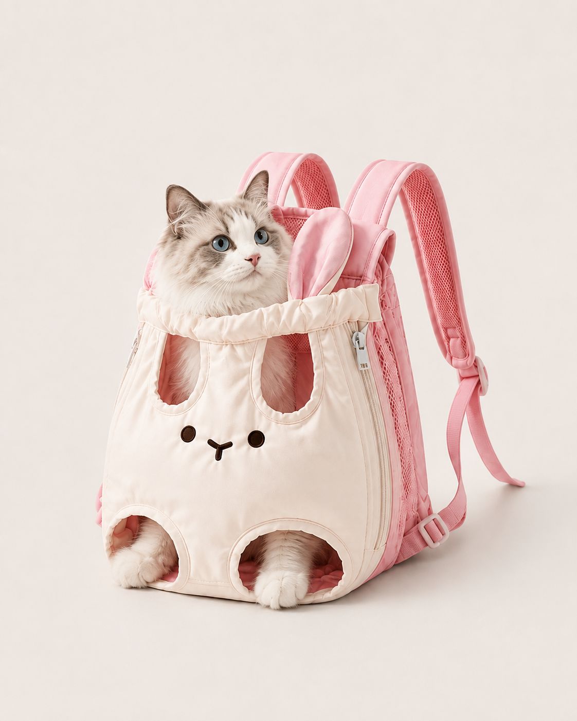 Cat sitting inside pink bunny carrier backpack with front leg openings