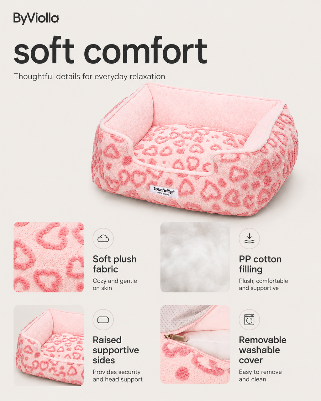 Pink heart pet bed features with plush fabric, PP cotton filling, raised sides and removable washable cover