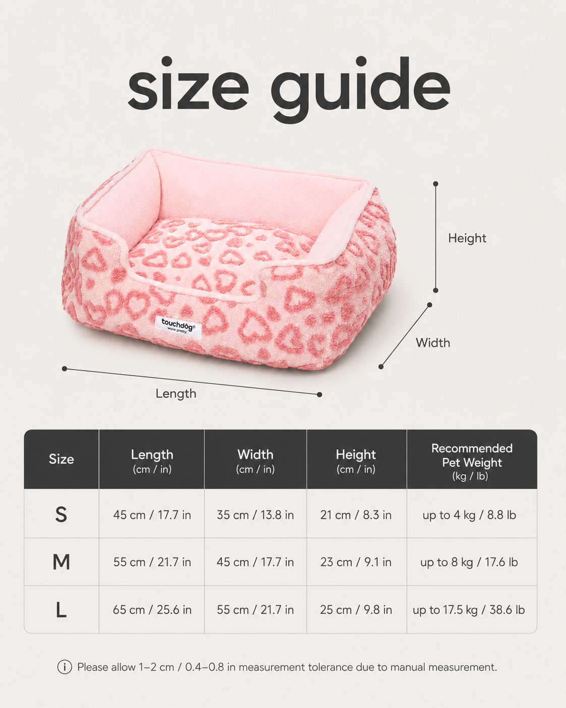 Pink heart plush pet bed size guide for small, medium and large sizes
