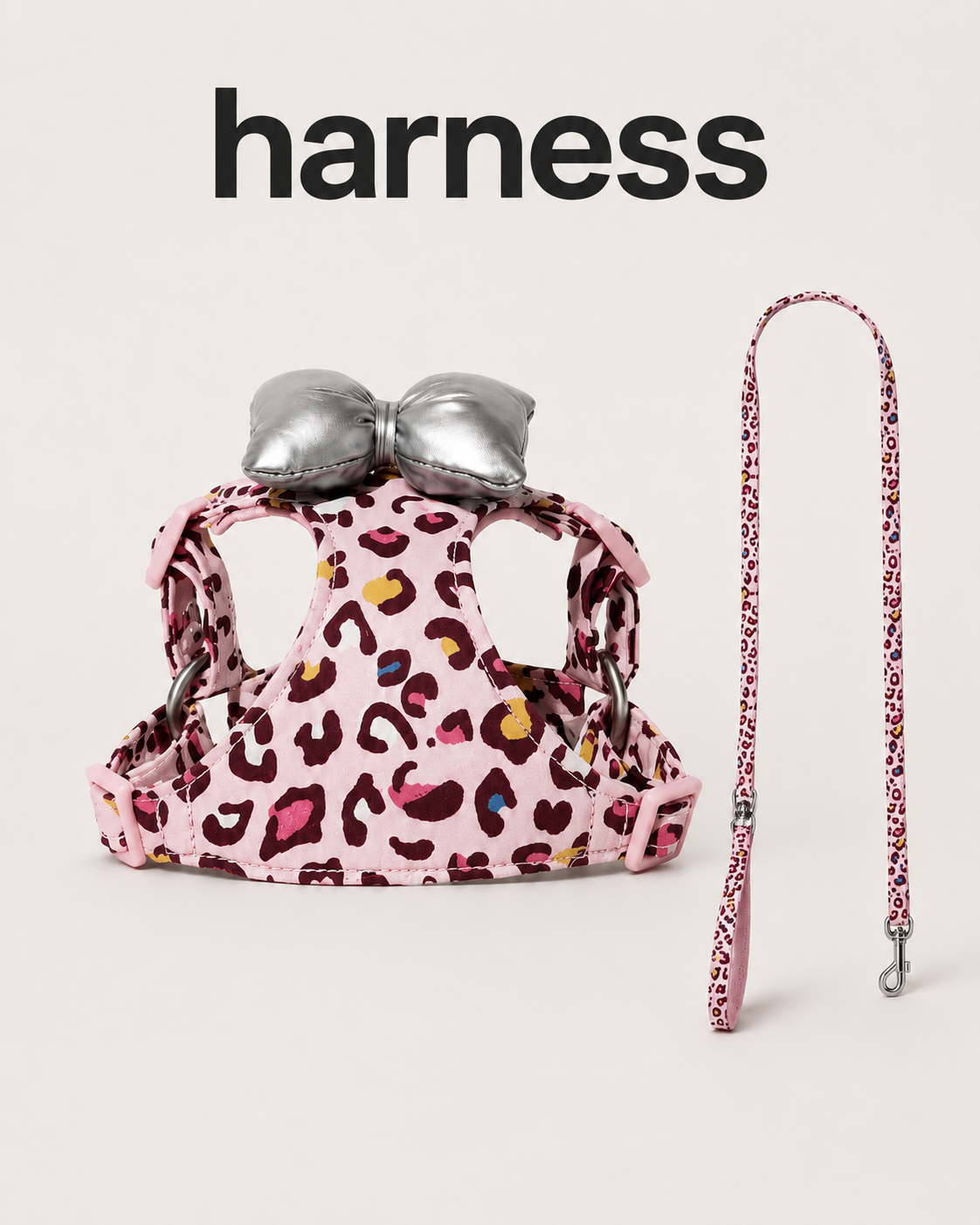 Pink leopard harness and matching leash with silver bow
