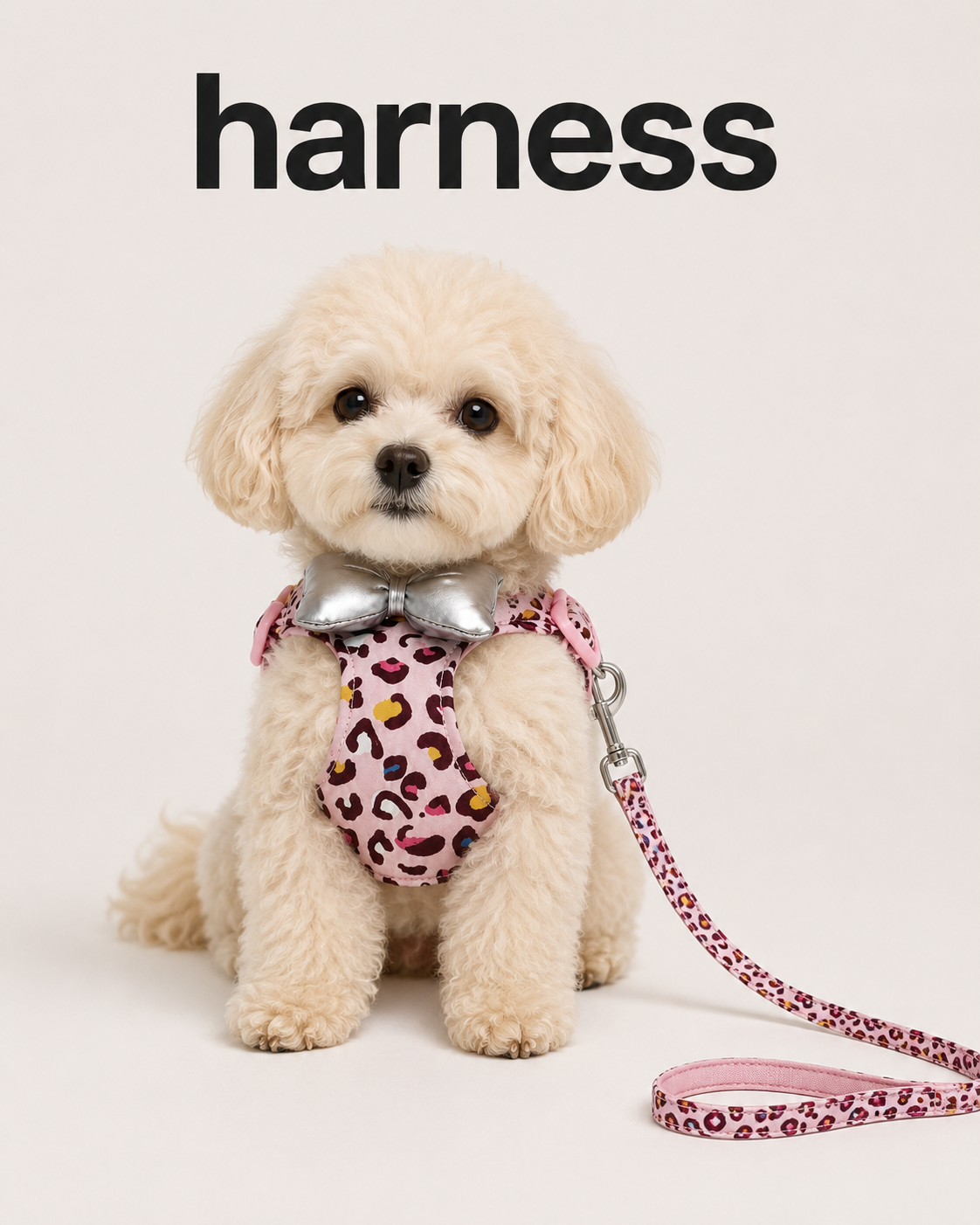 Small dog wearing pink leopard harness with silver bow and matching leash