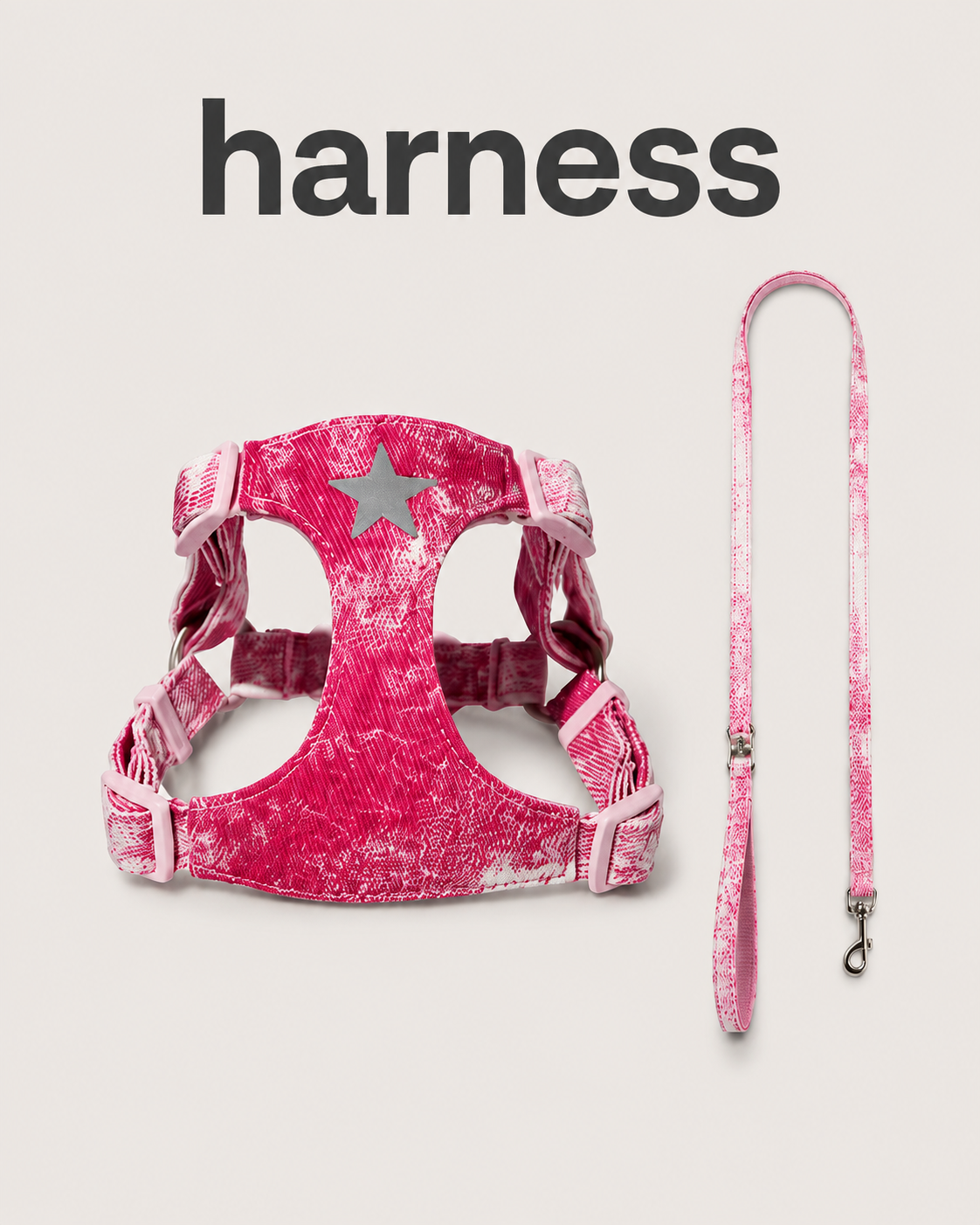 Pink patterned pet harness and matching leash with silver star detail