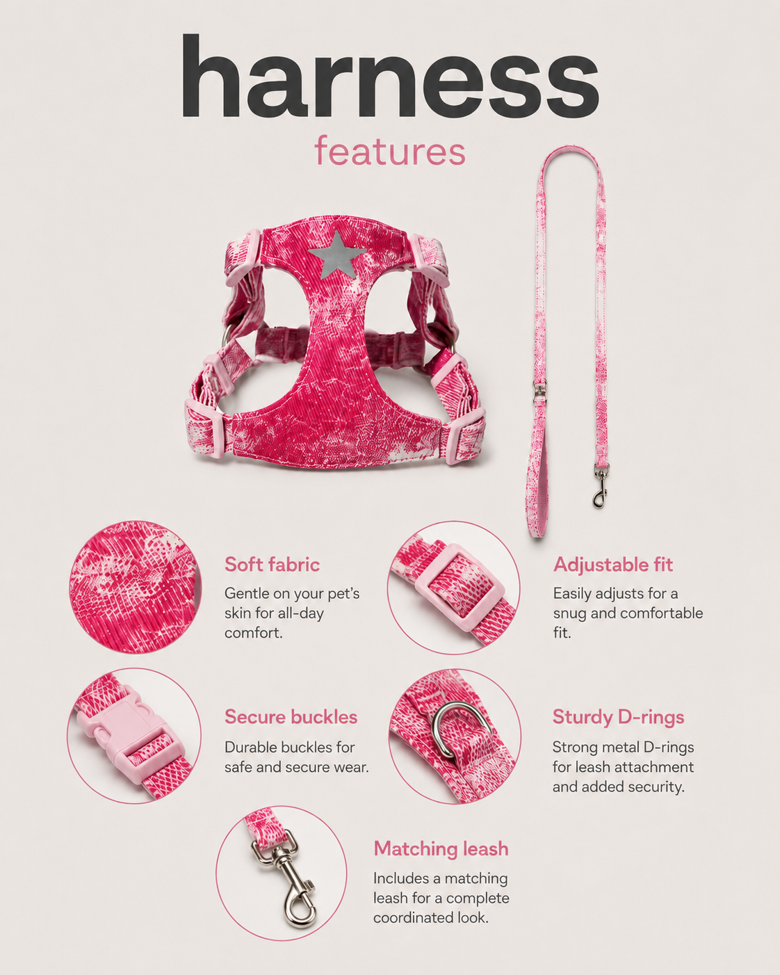 Pink star harness and leash features with adjustable straps, secure buckles and metal D-rings