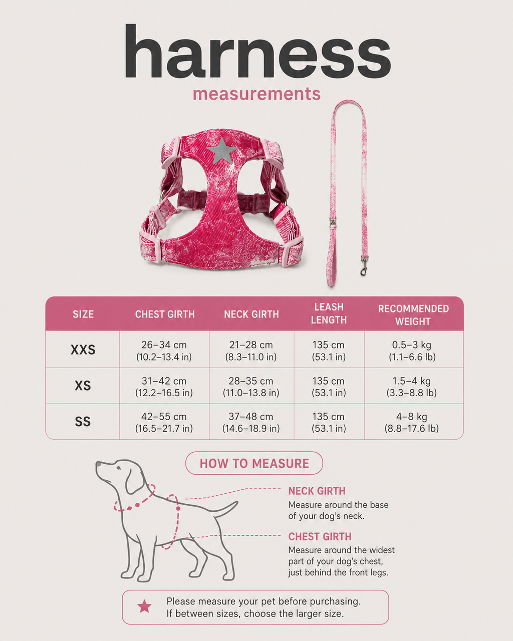 Pink star harness and leash size guide with neck, chest and leash measurements