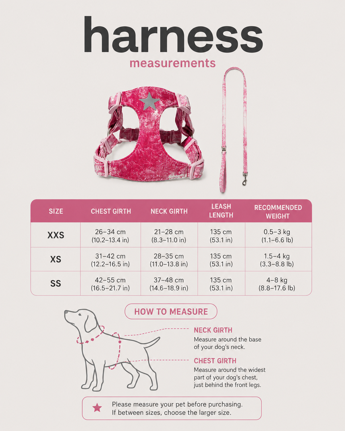 Pink star harness and leash size guide with neck, chest and leash measurements