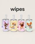 Portable pet wipes dispensers in four colorful dog designs
